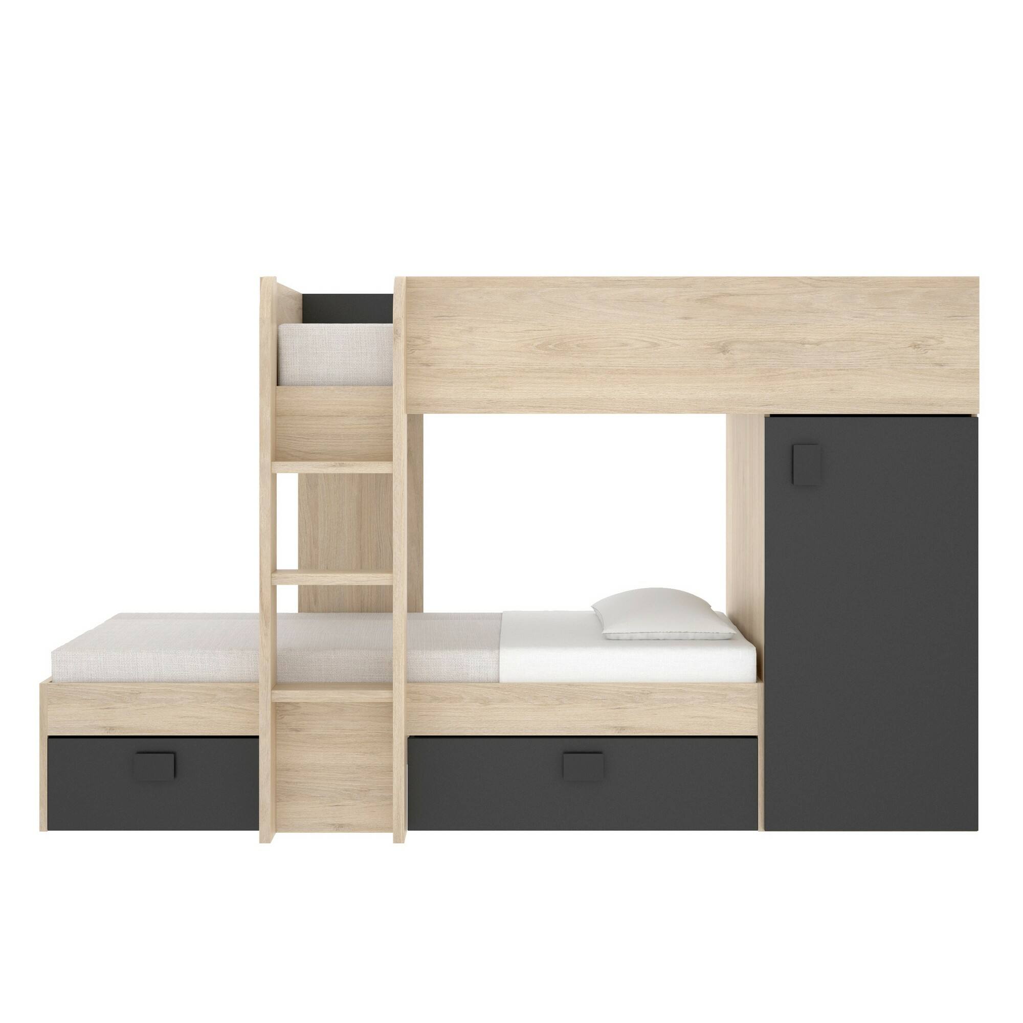 Letto per bambini Dguerci, Cameretta completa con armadio e cassetti, Composizione letto a castello con due lettini singoli, 255x112h150 cm, Rovere e Antracite