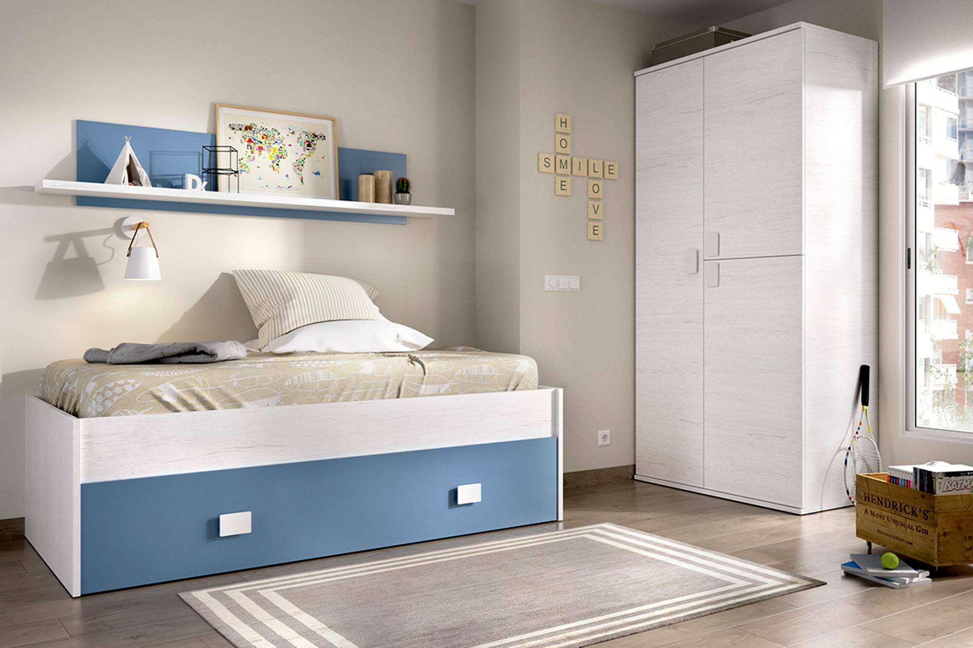 Letto per bambini Dkasam, Lettino contenitore per cameretta, Struttura per letto singolo con cassettoni e mensola, 195x97h44 cm, Bianco e Blu