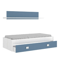 Letto per bambini Dkasam, Lettino contenitore per cameretta, Struttura per letto singolo con cassettoni e mensola, 195x97h44 cm, Bianco e Blu