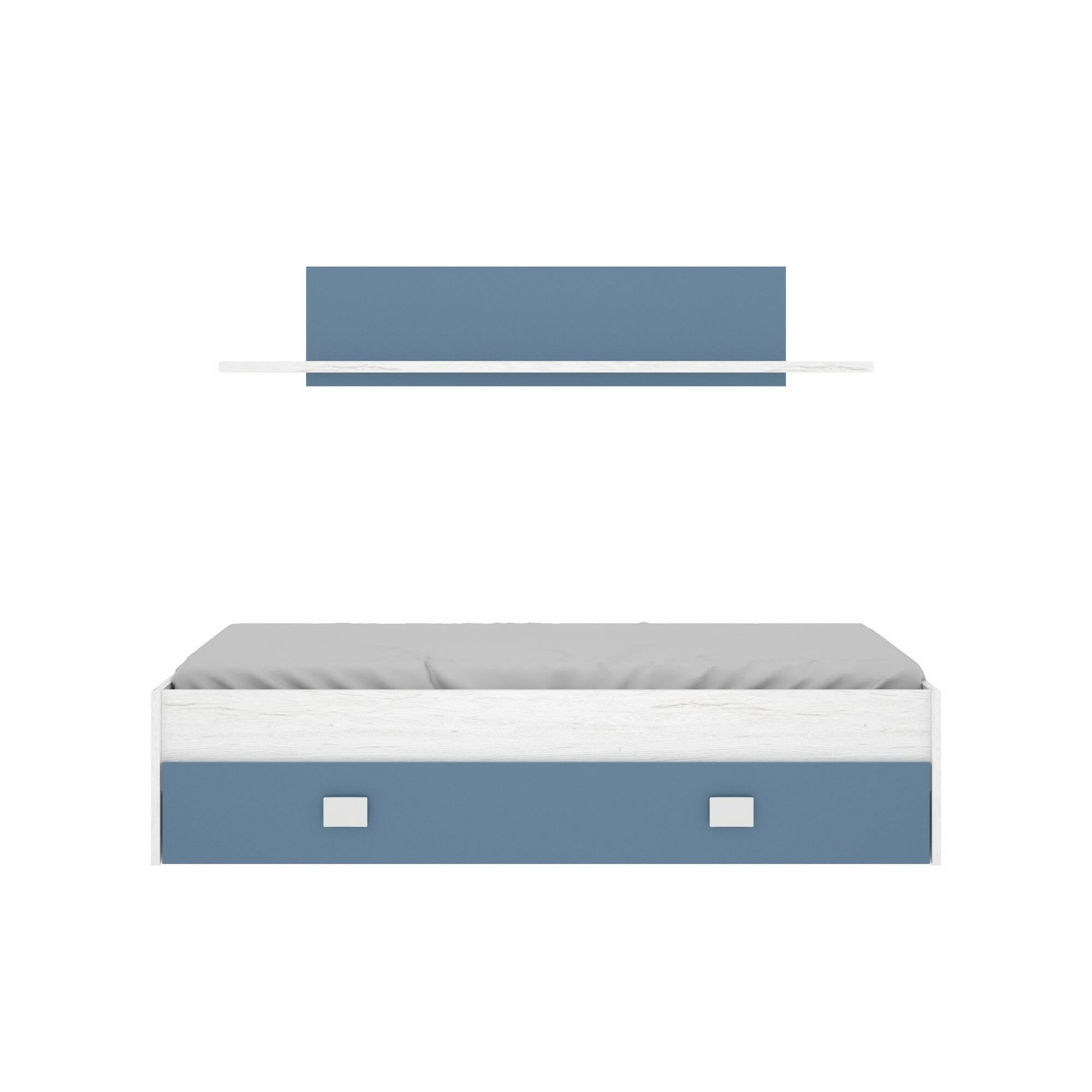 Letto per bambini Dkasam, Lettino contenitore per cameretta, Struttura per letto singolo con cassettoni e mensola, 195x97h44 cm, Bianco e Blu