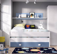 Letto per bambini Dlicat, Struttura con secondo lettino estraibile, Letto singolo per cameretta con 1 cassettone e mensola, 200x99h74 cm, Bianco e Blu