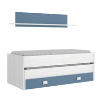 Letto per bambini Dlicat, Struttura con secondo lettino estraibile, Letto singolo per cameretta con 1 cassettone e mensola, 200x99h74 cm, Bianco e Blu