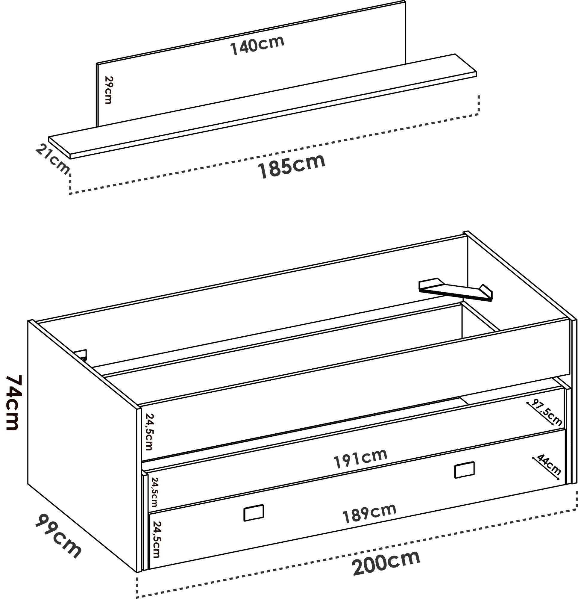 Letto per bambini Dlicat, Struttura con secondo lettino estraibile, Letto singolo per cameretta con 1 cassettone e mensola, 200x99h74 cm, Bianco e Blu