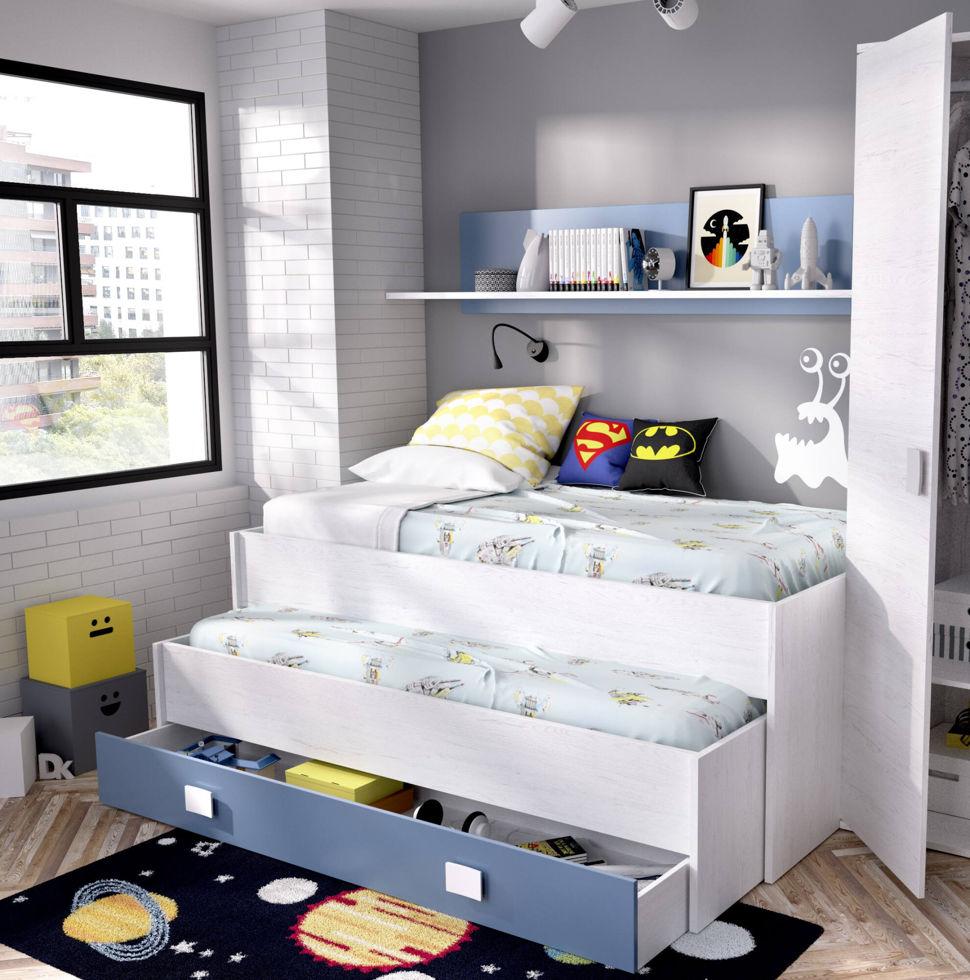 Letto per bambini Dlicat, Struttura con secondo lettino estraibile, Letto singolo per cameretta con 1 cassettone e mensola, 200x99h74 cm, Bianco e Blu