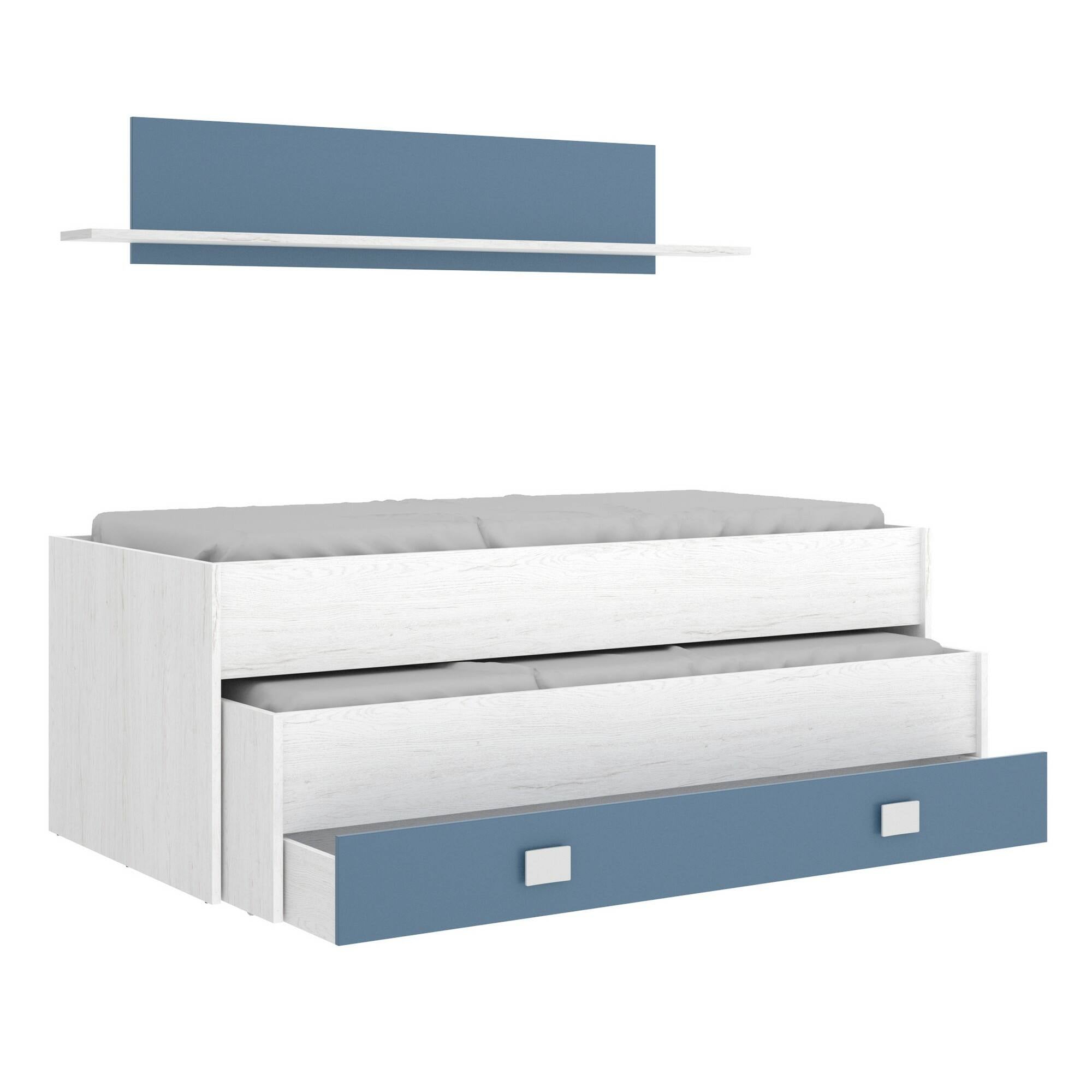 Letto per bambini Dlicat, Struttura con secondo lettino estraibile, Letto singolo per cameretta con 1 cassettone e mensola, 200x99h74 cm, Bianco e Blu