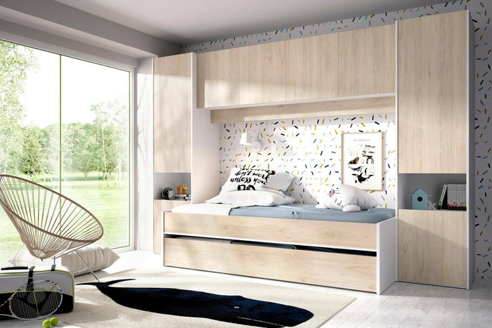 Letto per bambini Dmra, Cameretta completa con armadio a ponte e cassettone, Composizione con letto e lettino singolo estraibile, 303x97h203 cm, Rovere e Bianco