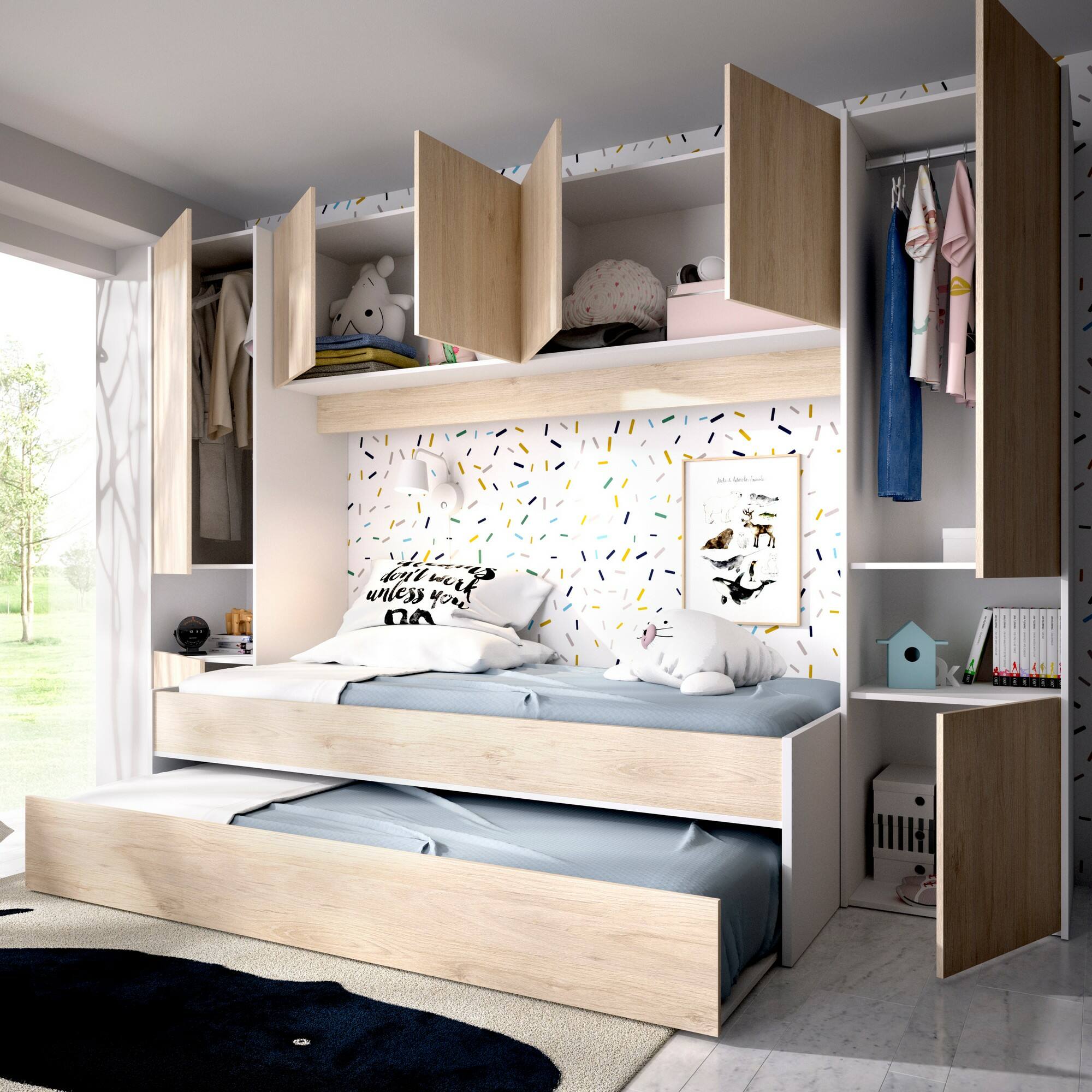 Letto per bambini Dmra, Cameretta completa con armadio a ponte e cassettone, Composizione con letto e lettino singolo estraibile, 303x97h203 cm, Rovere e Bianco