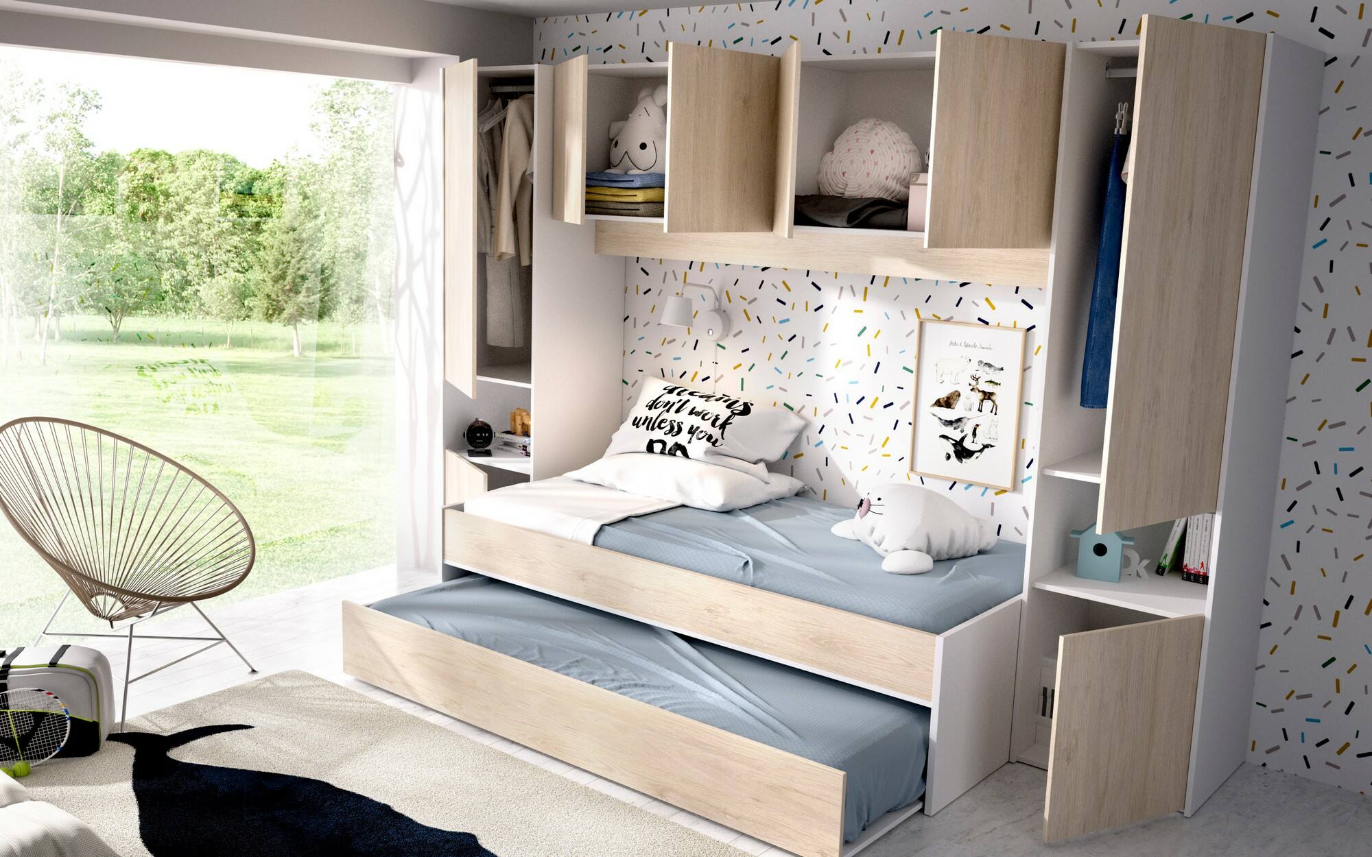 Letto per bambini Dmra, Cameretta completa con armadio a ponte e cassettone, Composizione con letto e lettino singolo estraibile, 303x97h203 cm, Rovere e Bianco