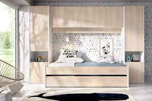 Letto per bambini Dmra, Cameretta completa con armadio a ponte e cassettone, Composizione con letto e lettino singolo estraibile, 303x97h203 cm, Rovere e Bianco