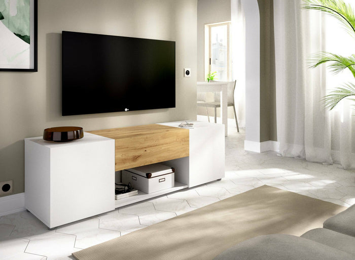 Mobile porta TV Dacciar, Credenza bassa da soggiorno, Madia da salotto per televisione, 138x35h45 cm, Bianco e Rovere Nodi