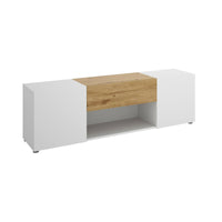 Mobile porta TV Dacciar, Credenza bassa da soggiorno, Madia da salotto per televisione, 138x35h45 cm, Bianco e Rovere Nodi