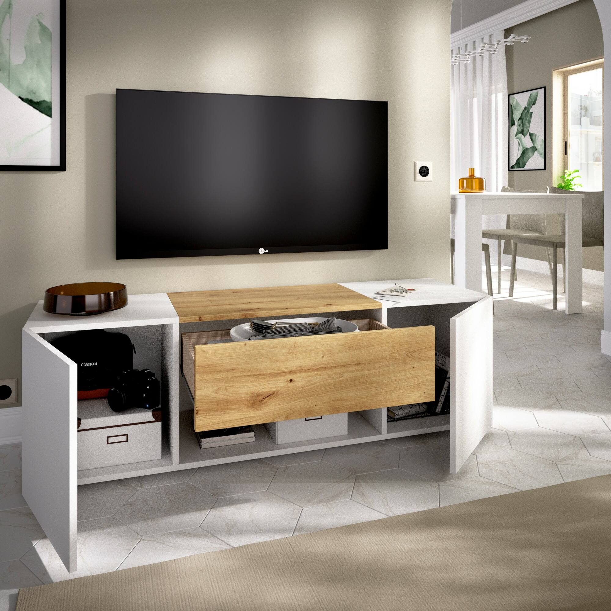 Mobile porta TV Dacciar, Credenza bassa da soggiorno, Madia da salotto per televisione, 138x35h45 cm, Bianco e Rovere Nodi