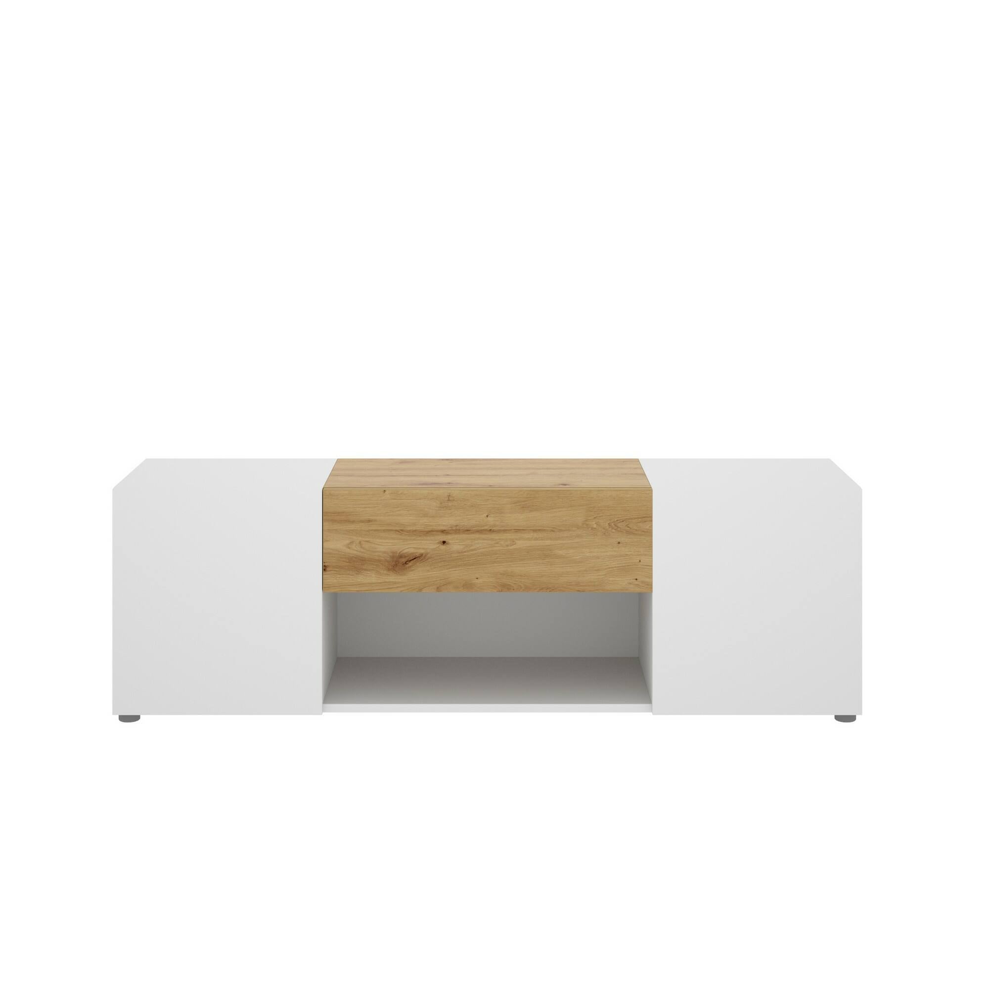 Mobile porta TV Dacciar, Credenza bassa da soggiorno, Madia da salotto per televisione, 138x35h45 cm, Bianco e Rovere Nodi