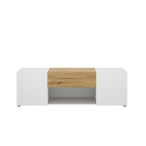 Mobile porta TV Dacciar, Credenza bassa da soggiorno, Madia da salotto per televisione, 138x35h45 cm, Bianco e Rovere Nodi