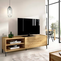 Mobile porta TV Dacerbi, Credenza bassa da soggiorno, Madia da salotto per televisione, 155x43h47 cm, Rovere Nodi