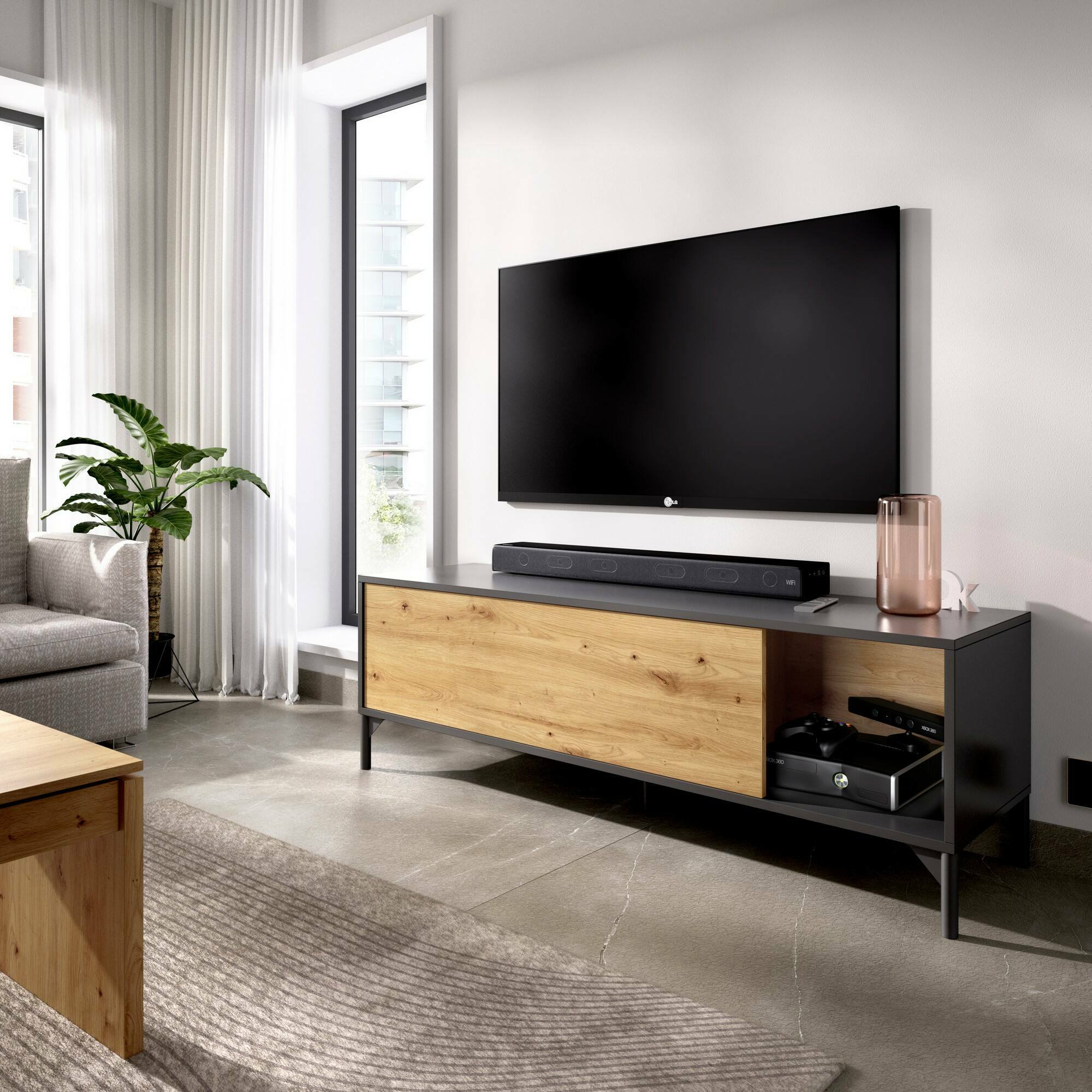 Mobile porta TV Dlell, Credenza bassa da soggiorno, Madia da salotto per televisione, 132x39h44 cm, Rovere Nodi e Antracite