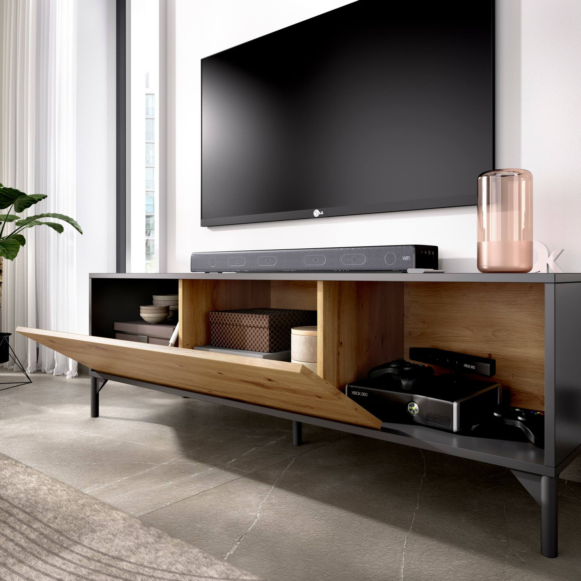 Mobile porta TV Dlell, Credenza bassa da soggiorno, Madia da salotto per televisione, 132x39h44 cm, Rovere Nodi e Antracite