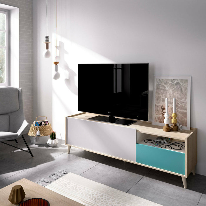 Mobile porta TV Dmill, Credenza bassa da soggiorno, Madia da salotto per televisione, 155x43h47 cm, Rovere e Bianco