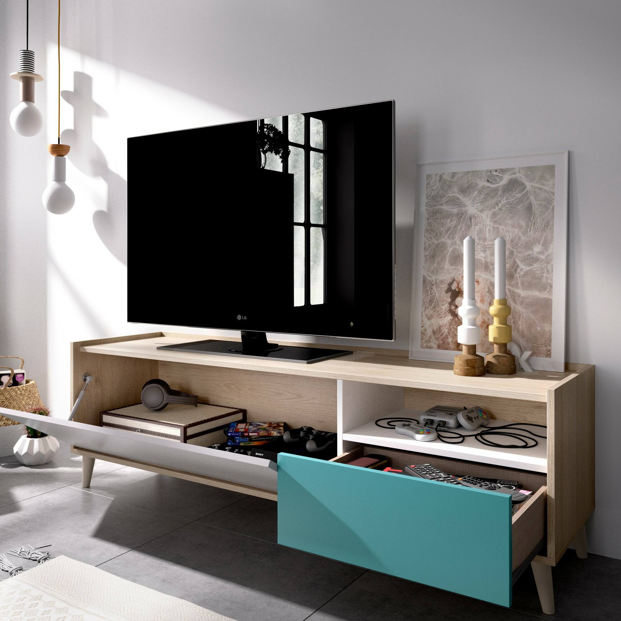 Mobile porta TV Dmill, Credenza bassa da soggiorno, Madia da salotto per televisione, 155x43h47 cm, Rovere e Bianco