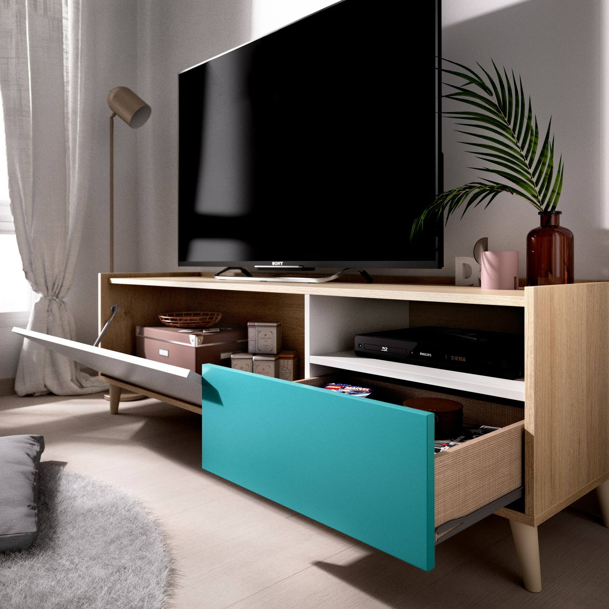 Mobile porta TV Dmill, Credenza bassa da soggiorno, Madia da salotto per televisione, 155x43h47 cm, Rovere e Bianco