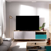 Mobile porta TV Dmill, Credenza bassa da soggiorno, Madia da salotto per televisione, 155x43h47 cm, Rovere e Bianco