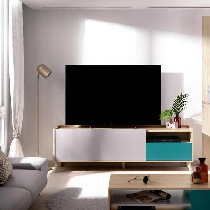 Mobile porta TV Dmill, Credenza bassa da soggiorno, Madia da salotto per televisione, 155x43h47 cm, Rovere e Bianco