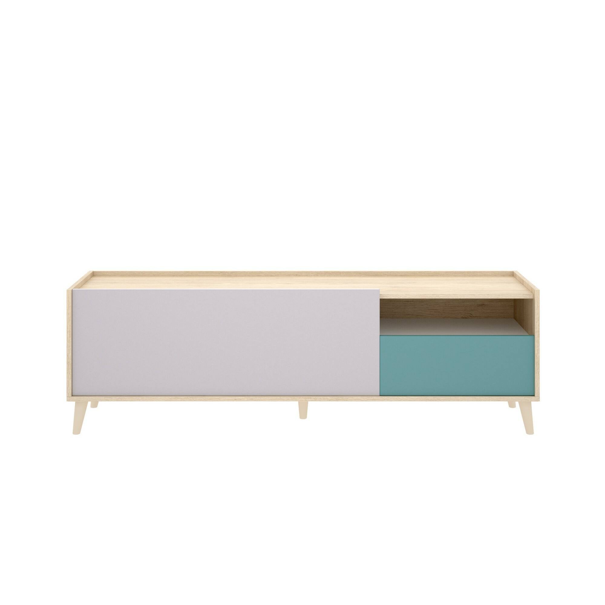 Mobile porta TV Dmill, Credenza bassa da soggiorno, Madia da salotto per televisione, 155x43h47 cm, Rovere e Bianco