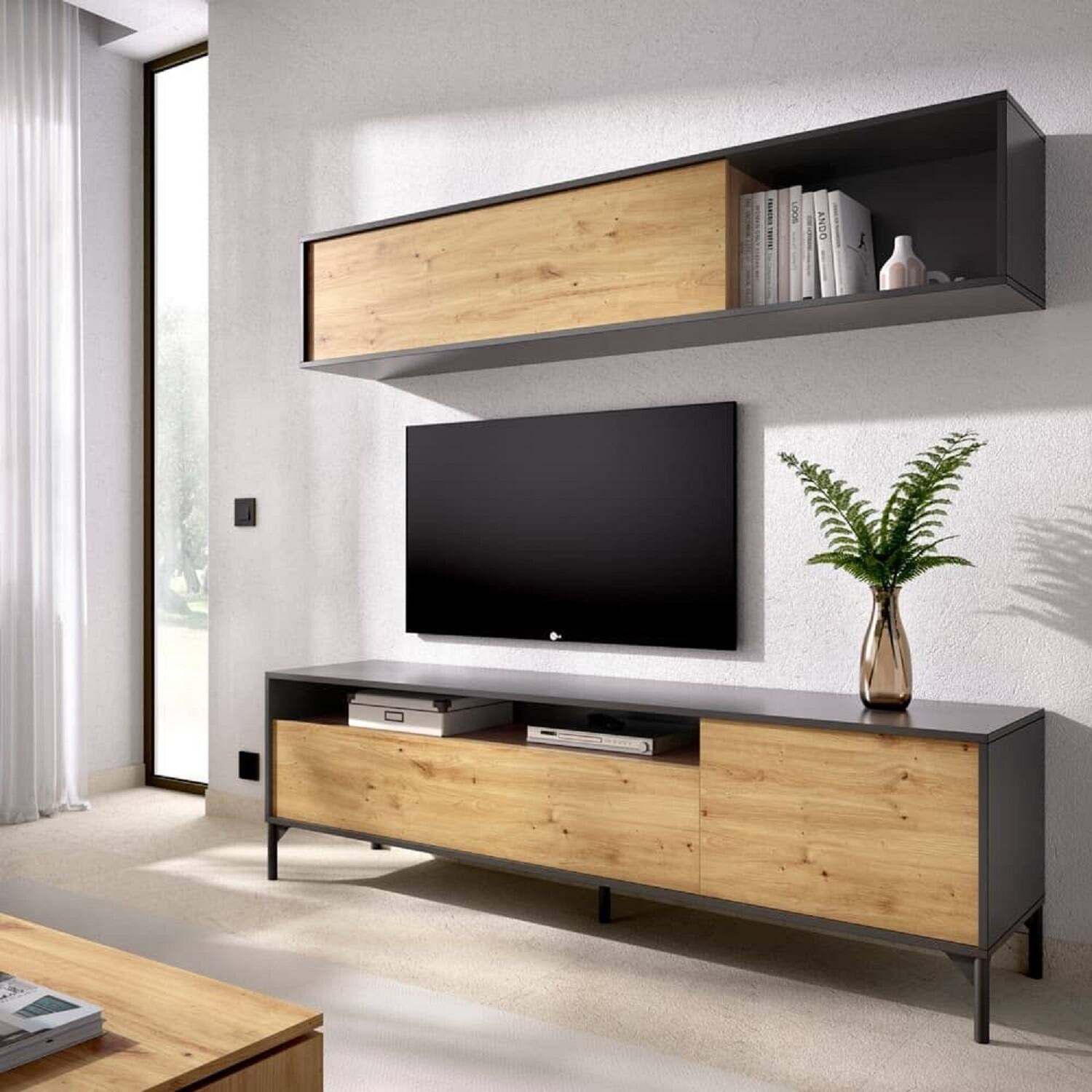 Mobile porta TV Dmillic, Set da soggiorno porta TV, Mobile salotto multiuso, 180x41h180 cm, Rovere Nodi e Antracite