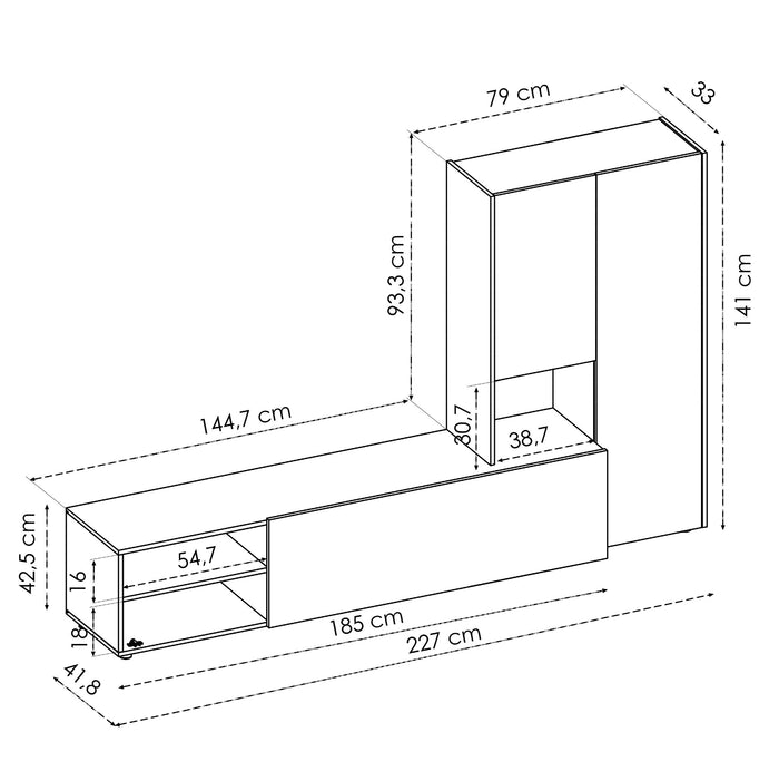 Parete attrezzata Daaquis, Set da soggiorno porta TV, Mobile salotto multiuso, 227x40h141 cm, Rovere Nodi e Bianco