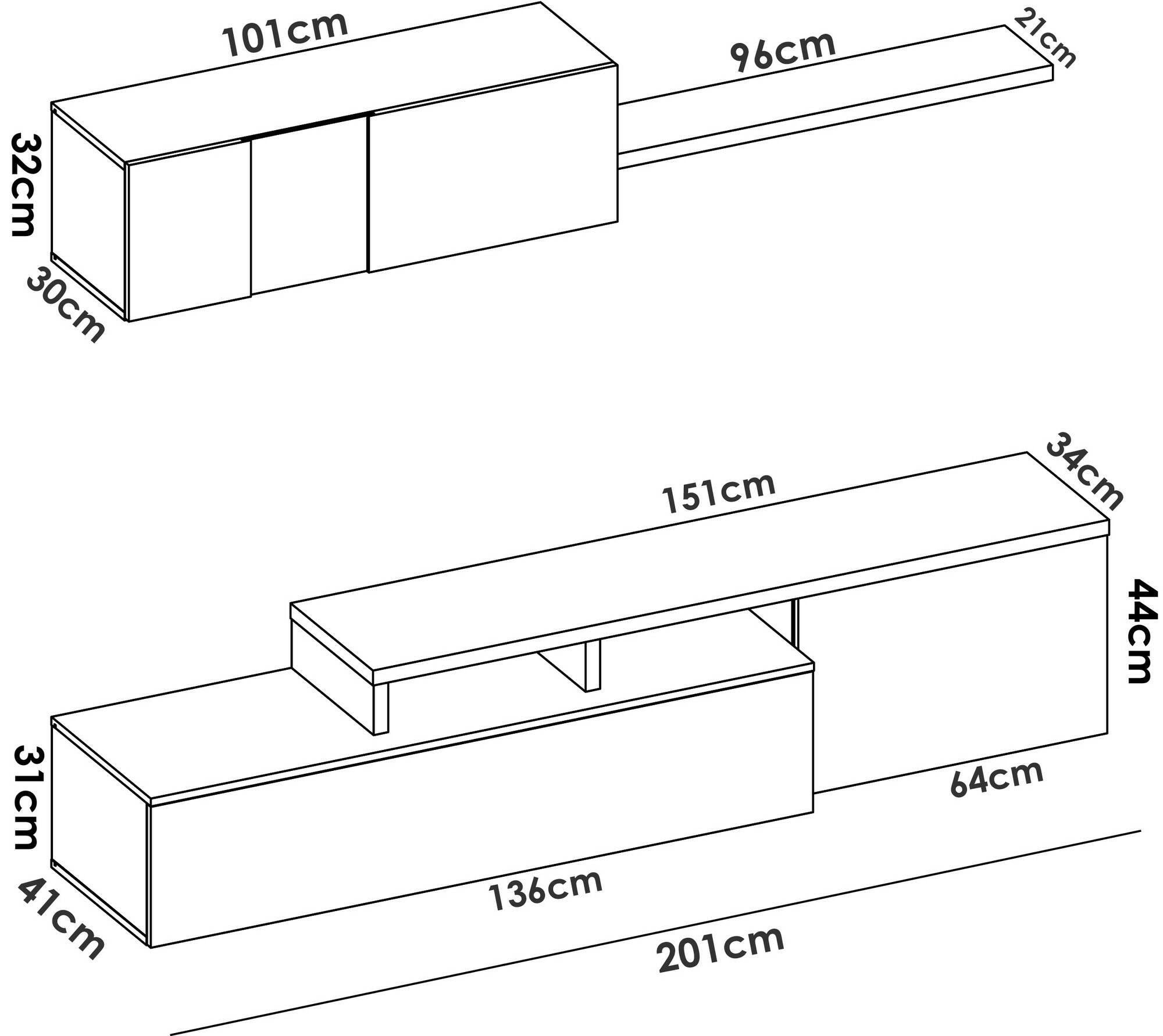 Parete attrezzata Dagnell, Set da soggiorno modulare ad angolo, Mobile salotto porta TV multiposizione, 201x41h180 cm, Bianco e Rovere