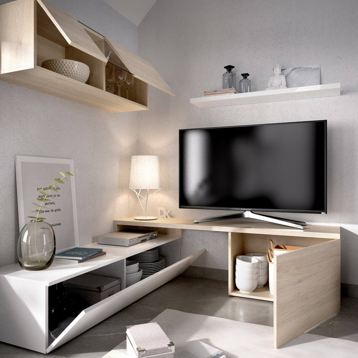 Parete attrezzata Dagnell, Set da soggiorno modulare ad angolo, Mobile salotto porta TV multiposizione, 201x41h180 cm, Bianco e Rovere