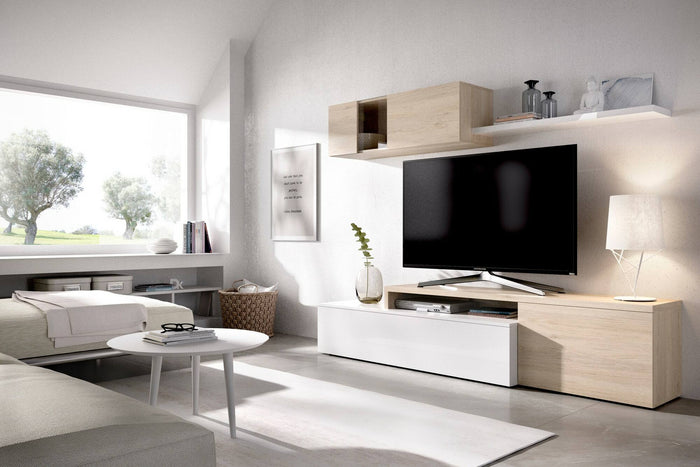 Parete attrezzata Dagnell, Set da soggiorno modulare ad angolo, Mobile salotto porta TV multiposizione, 201x41h180 cm, Bianco e Rovere