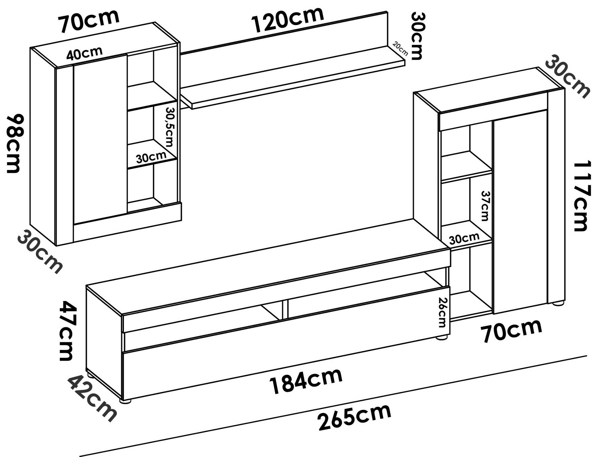 Parete attrezzata Dament, Set da soggiorno componibile, Mobile salotto multiposizione, 265x42h180 cm, Bianco e Cemento