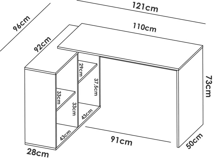 Scrivania Dkea, Scrittoio multiposizione da ufficio o cameretta, Tavolo da studio angolare con scaffali, 121x96h74 cm, Rovere