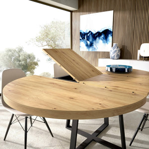 Tavolo allungabile Dazz, Consolle estensibile rotondo, Tavolo da pranzo multiuso ovale, 110/158x110h77 cm, Rovere Nodi