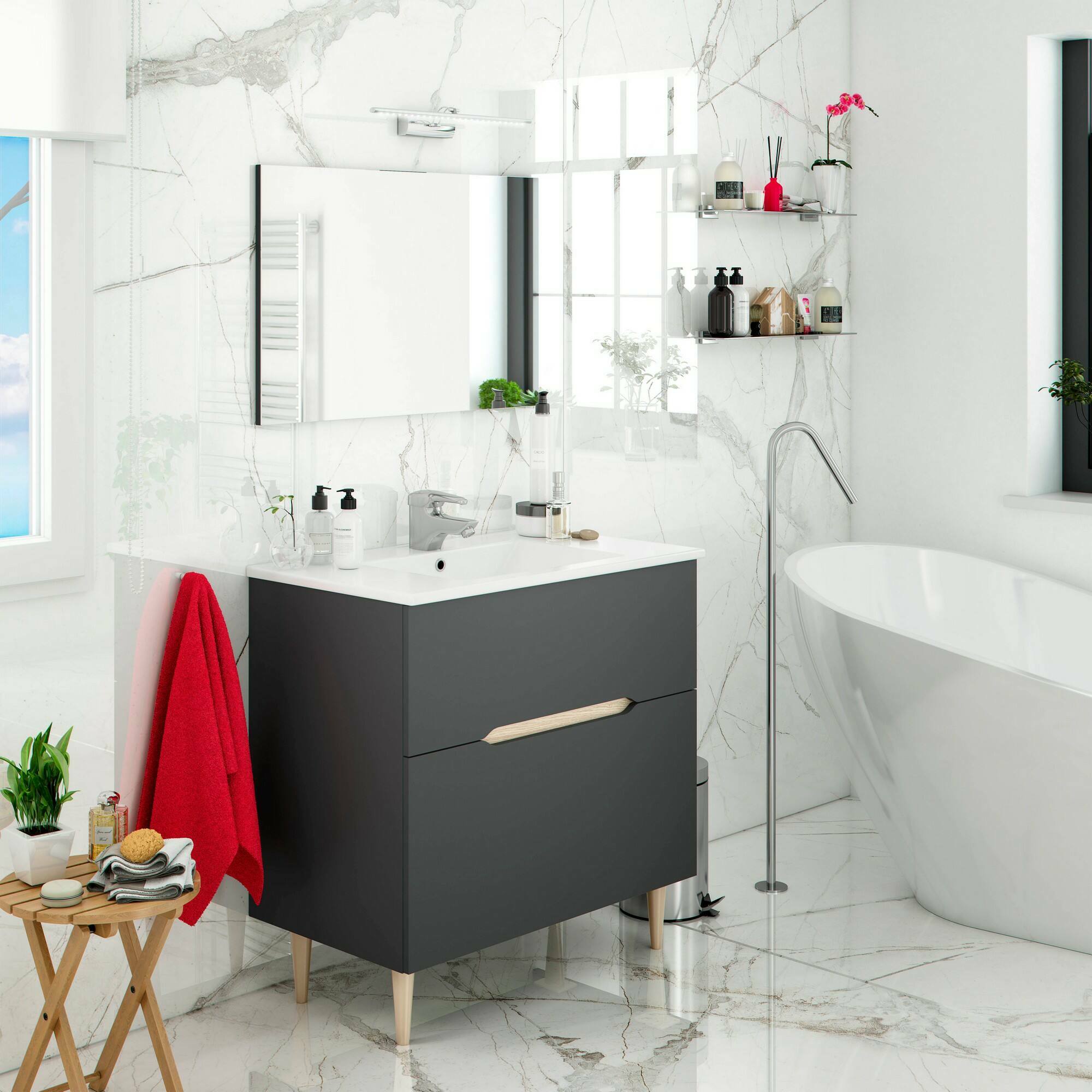 Mobile sottolavabo Dosimhe, Sotto lavabo bagno, Mobiletto da bagno con specchio, Lavabo non incluso, 80x45h80 cm, Antracite e Rovere