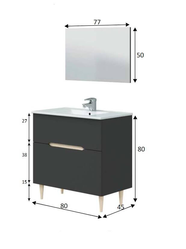 Mobile sottolavabo Dosimhe, Sotto lavabo bagno, Mobiletto da bagno con specchio, Lavabo non incluso, 80x45h80 cm, Antracite e Rovere