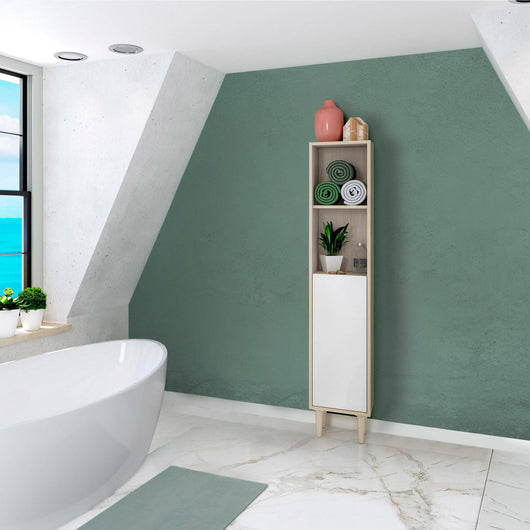 Colonna bagno Dokol, Pensile bagno con 1 anta, Armadio alto, 30x25h150 cm, Rovere e Bianco lucido