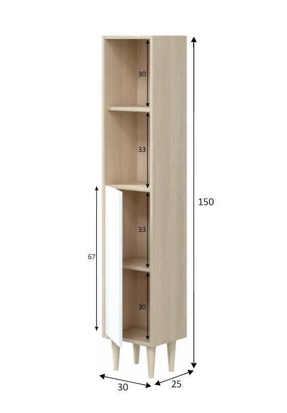 Colonna bagno Dokol, Pensile bagno con 1 anta, Armadio alto, 30x25h150 cm, Rovere e Bianco lucido