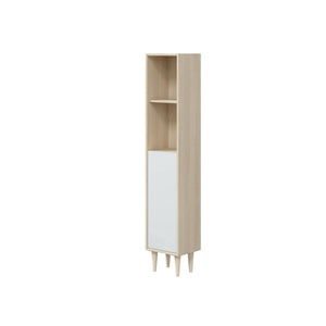 Colonna bagno Dokol, Pensile bagno con 1 anta, Armadio alto, 30x25h150 cm, Rovere e Bianco lucido