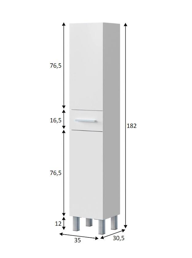 Colonna bagno Dokerek, Pensile bagno con 2 ante e 1 cassetto, Armadio alto, 35x31h182 cm, Bianco lucido