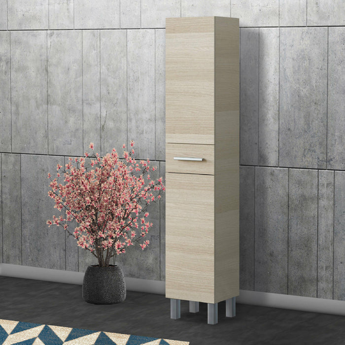 Colonna bagno Dokerek, Pensile bagno con 2 ante e 1 cassetto, Armadio alto, 35x31h182 cm, Rovere