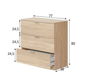 Cassettiera Dobinn, Cassettiera camera da letto , Settimino a 3 cassetti, 77x38h80 cm, Rovere