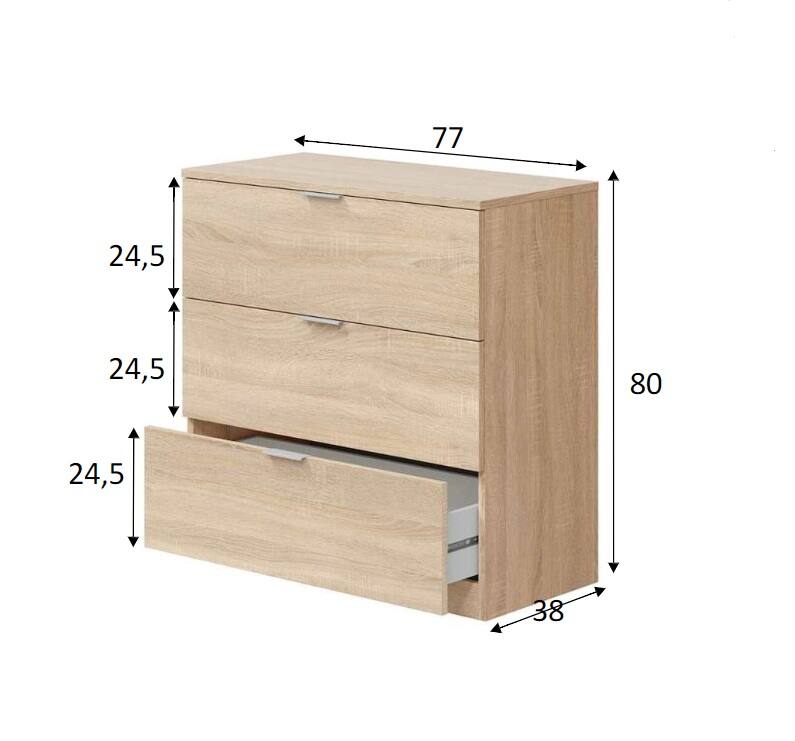 Cassettiera Dobinn, Cassettiera camera da letto , Settimino a 3 cassetti, 77x38h80 cm, Rovere