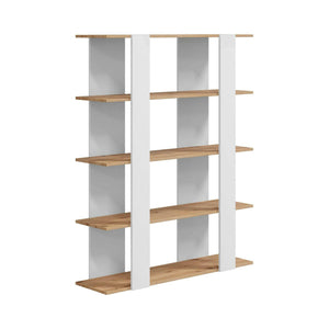 Libreria Dnotar, Scaffale da ufficio a 5 ripiani, Mobile portalibri, Biblioteca, 108x31h136 cm, Rovere Nodi e Bianco lucido