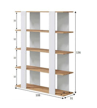 Libreria Dnotar, Scaffale da ufficio a 5 ripiani, Mobile portalibri, Biblioteca, 108x31h136 cm, Rovere Nodi e Bianco lucido