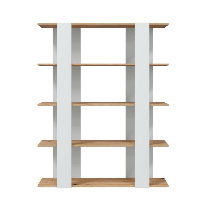 Libreria Dnotar, Scaffale da ufficio a 5 ripiani, Mobile portalibri, Biblioteca, 108x31h136 cm, Rovere Nodi e Bianco lucido