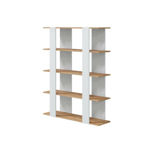 Libreria Dnotar, Scaffale da ufficio a 5 ripiani, Mobile portalibri, Biblioteca, 108x31h136 cm, Rovere Nodi e Bianco lucido