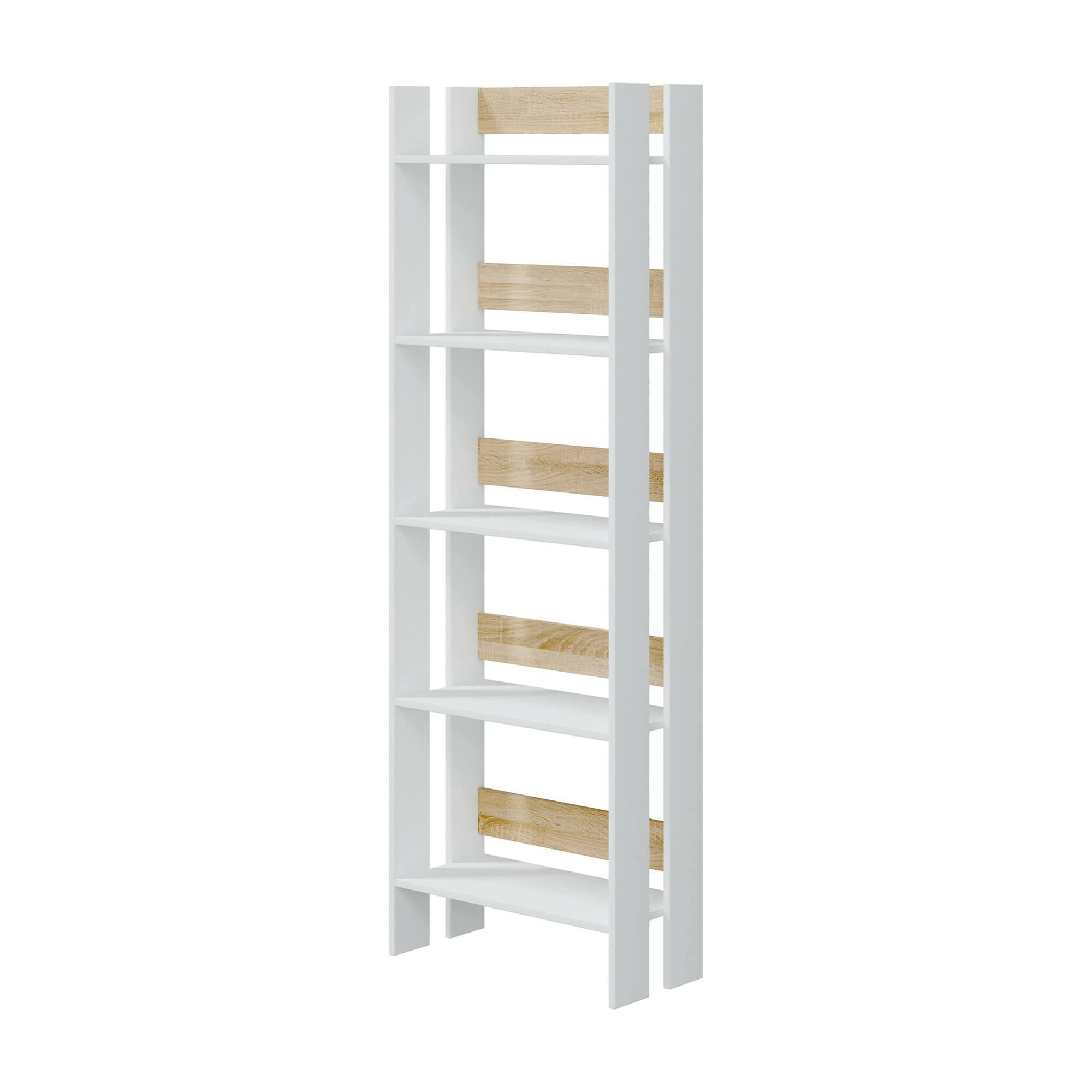 Libreria Dnist, Scaffale da ufficio a 5 ripiani, Mobile portalibri, Biblioteca, 57x27h170 cm, Bianco lucido e Rovere