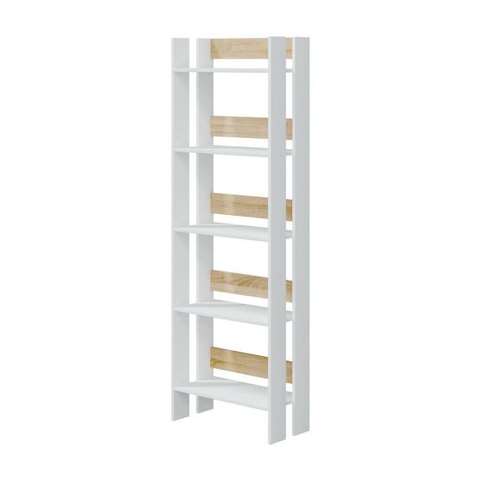 Libreria Dnist, Scaffale da ufficio a 5 ripiani, Mobile portalibri, Biblioteca, 57x27h170 cm, Bianco lucido e Rovere